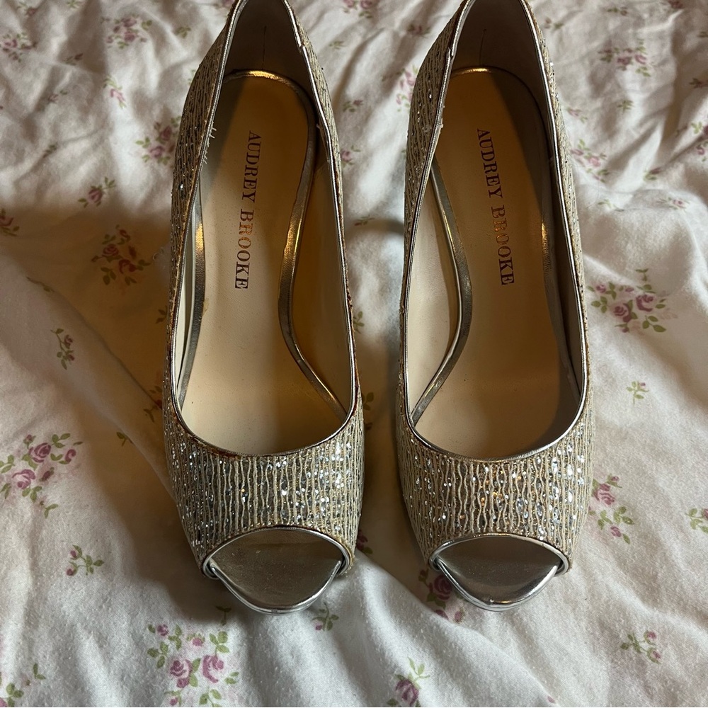 Audrey brooke peep toe heels y2k mcbling pumps prom formal wedding sparklesilver